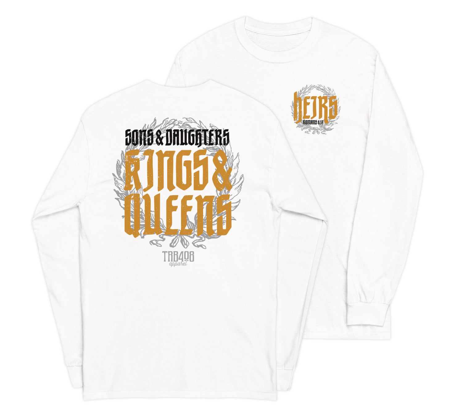 White long sleeve Heirs Tee, Front and Back, Christian Apparel