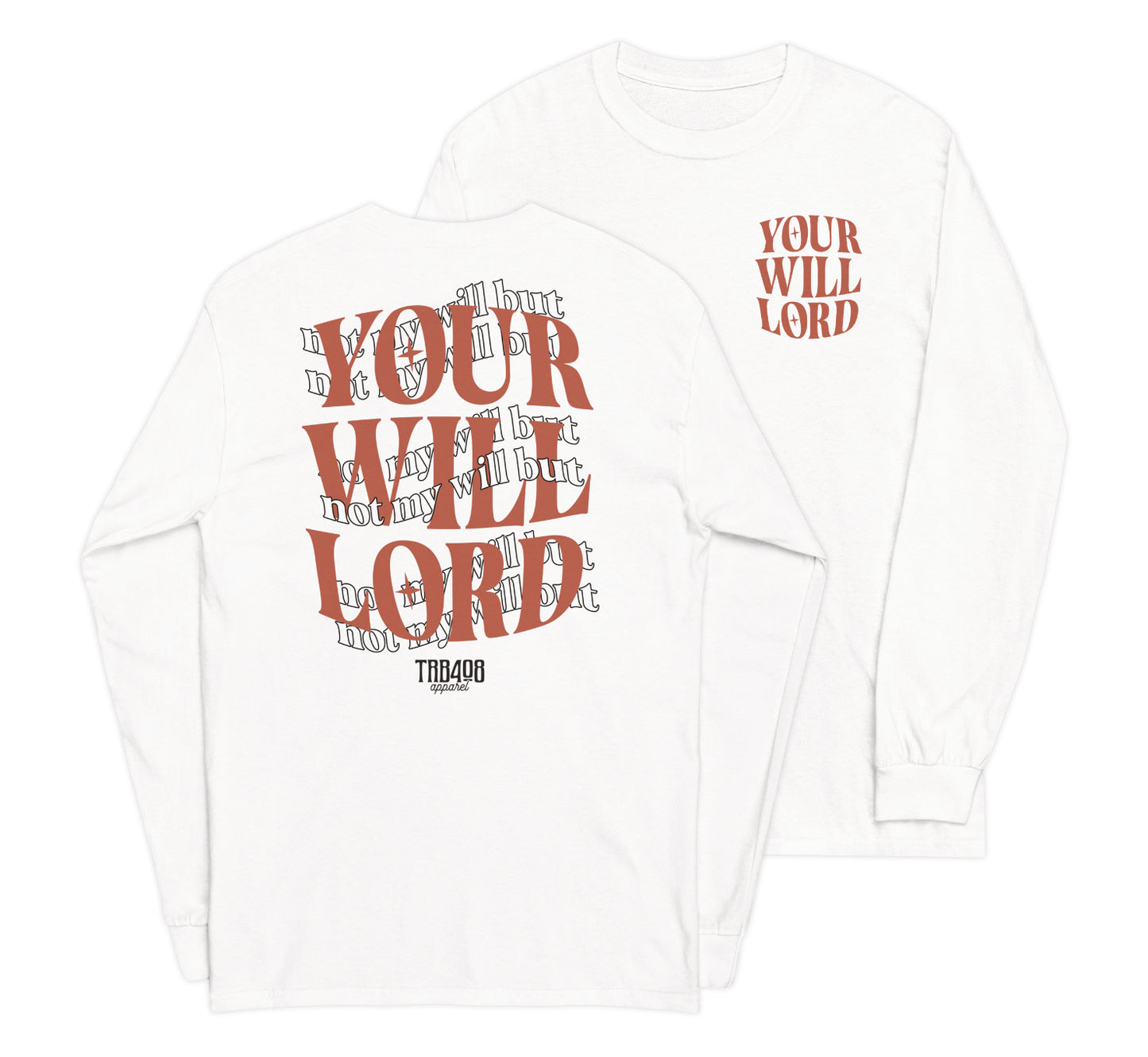 White long sleeve His Will Tee, Front and Back, Christian Apparel
