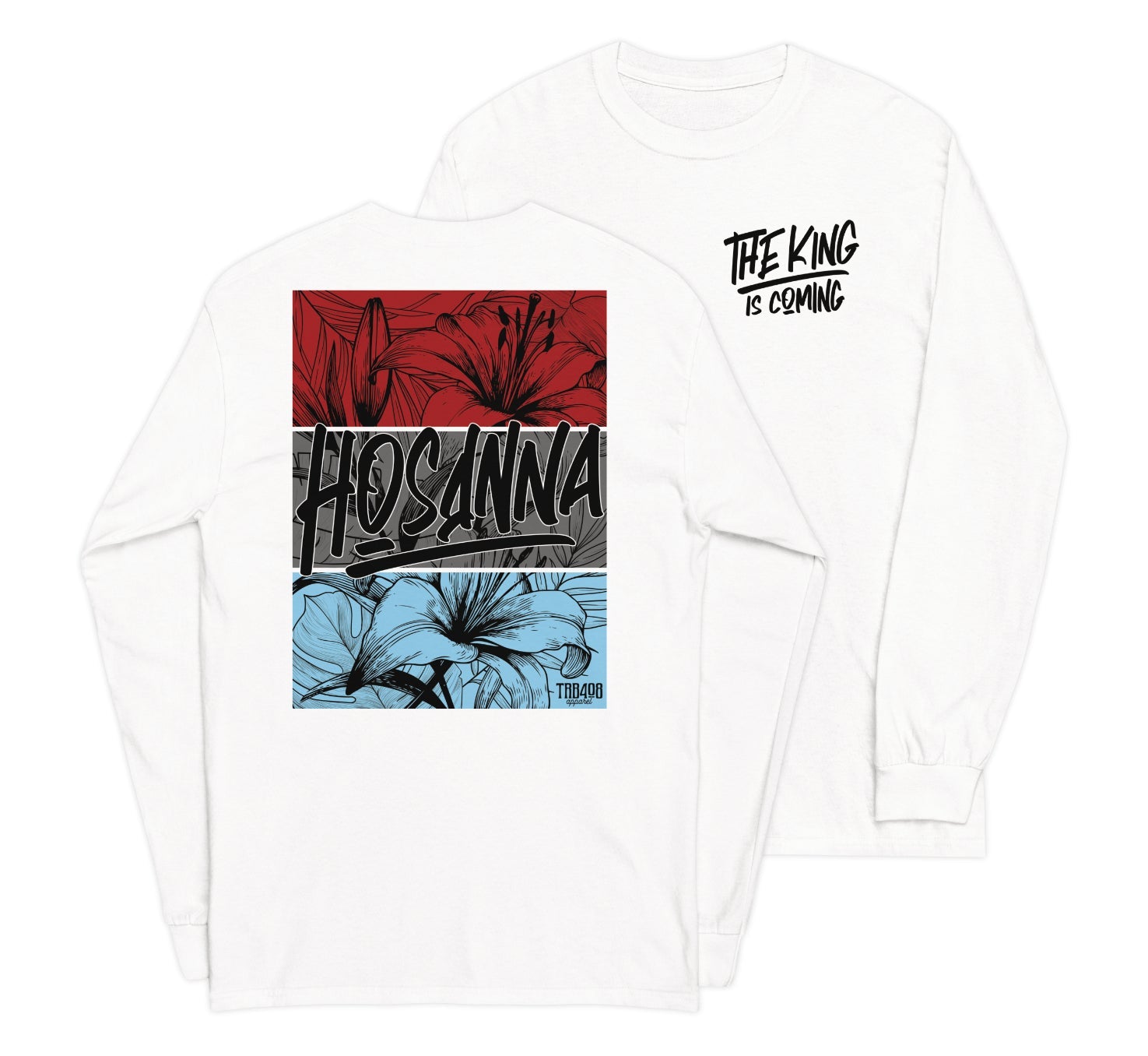 White long sleeve Hosanna Tee, Front and Back, Christian Apparel