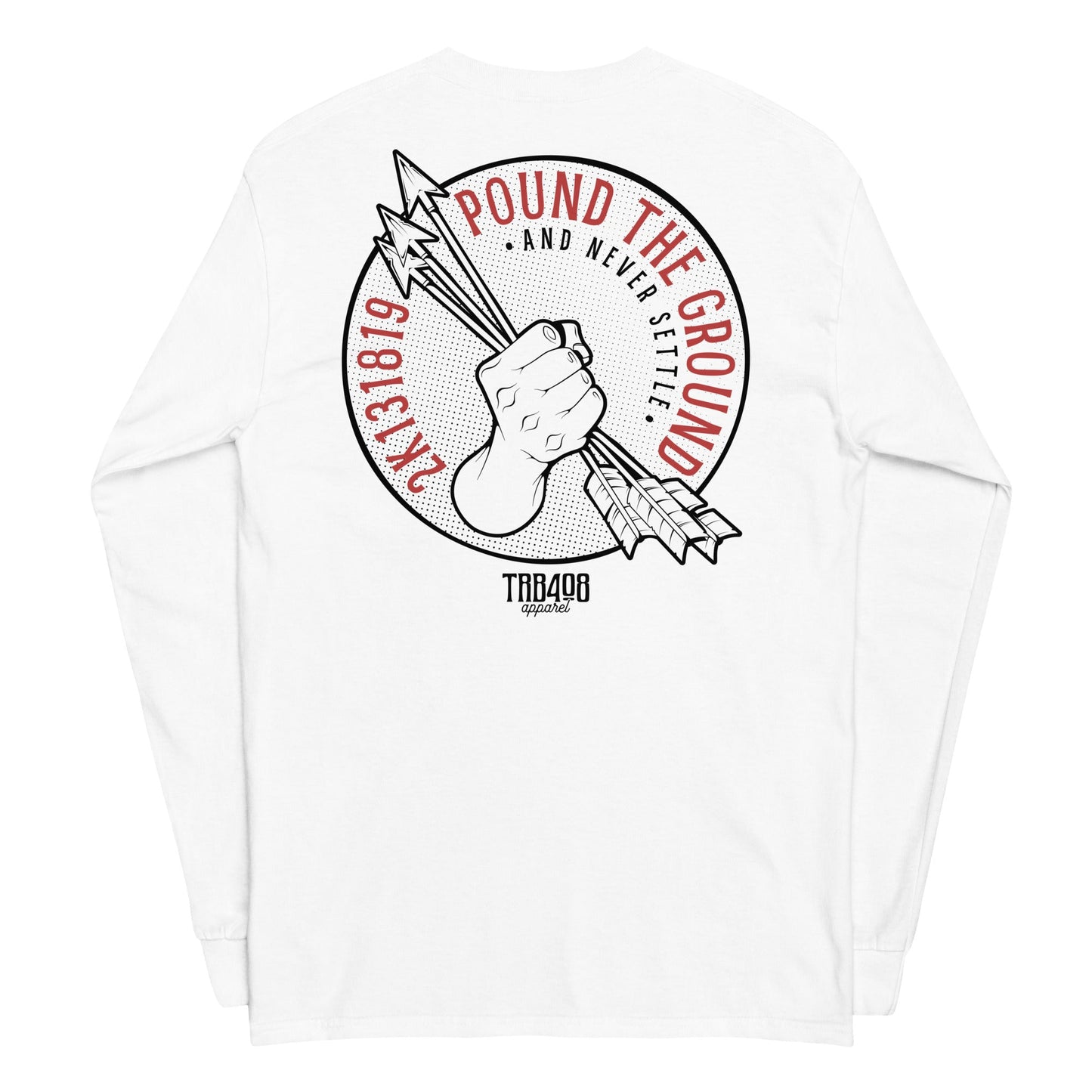 White long sleeve Never Settle Tee, Back, Christian Apparel
