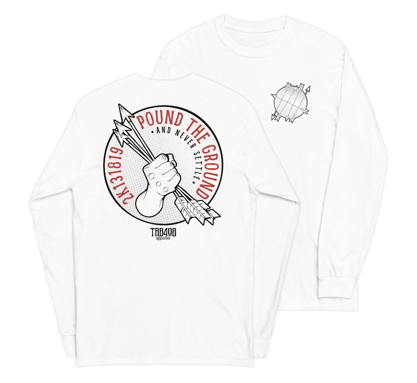 White long sleeve Never Settle Tee, Front and Back, Christian Apparel