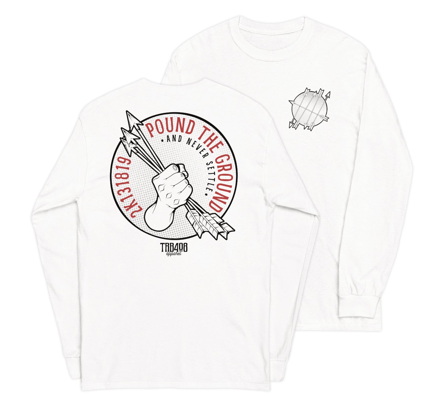 White long sleeve Never Settle Tee, Front and Back, Christian Apparel