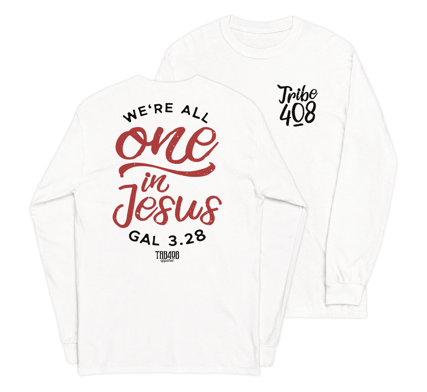 White long sleeve One In Jesus Tee, Front and Back, Christian Apparel