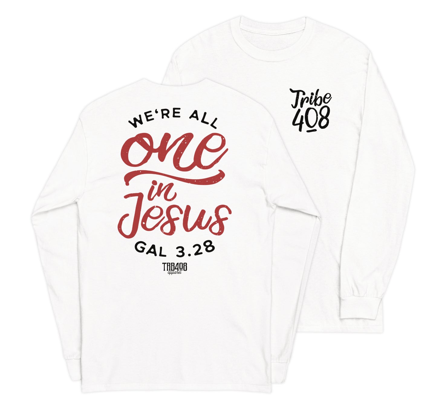 White long sleeve One In Jesus Tee, Front and Back, Christian Apparel