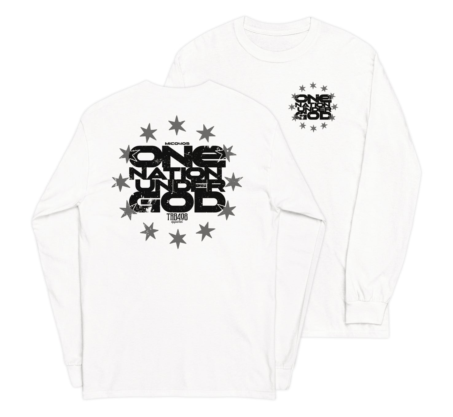 White long sleeve One Nation Star Ring Tee, Front and Back, Christian Apparel
