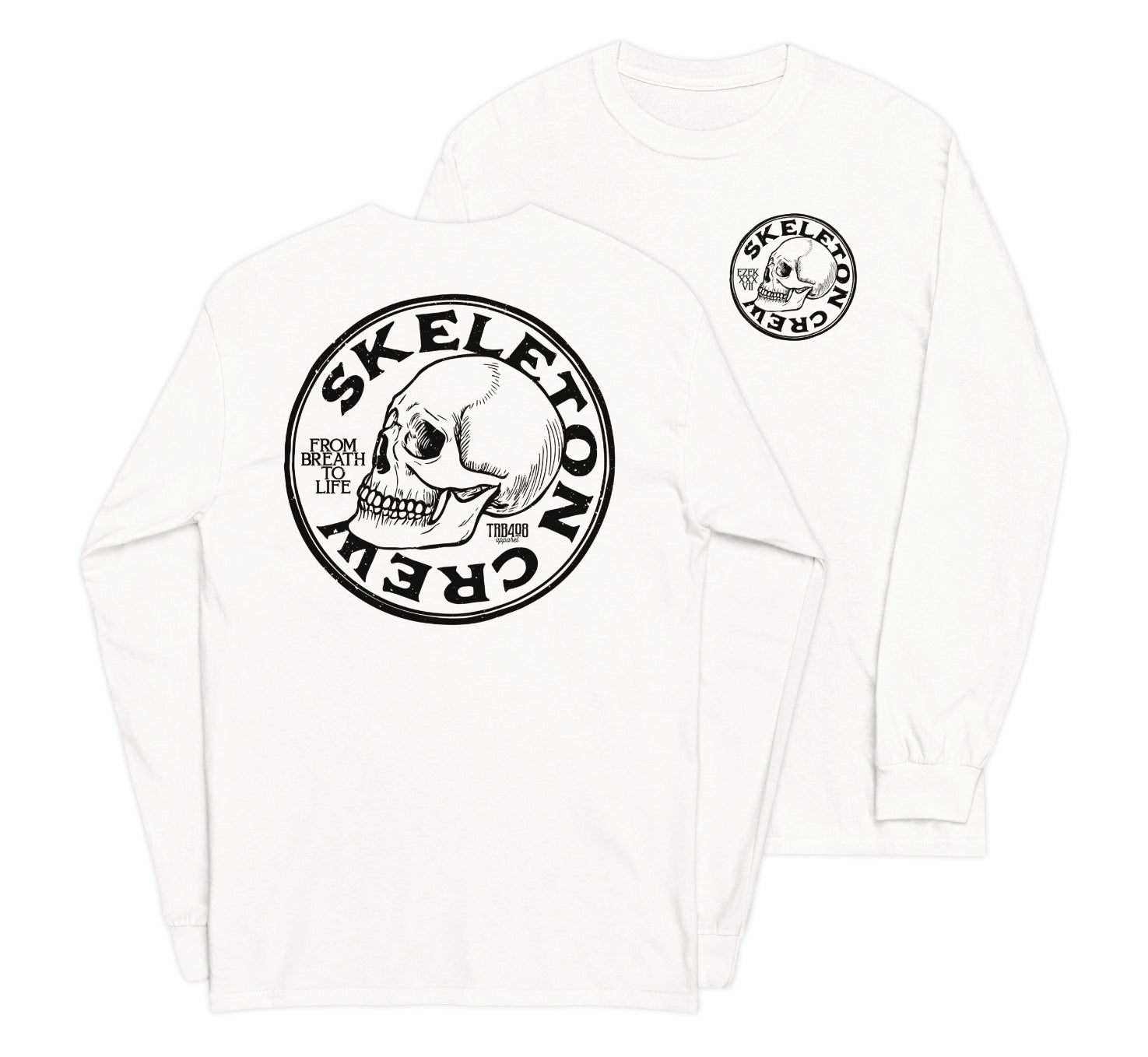 White long sleeve Skeleton Crew Tee, Front and Back, Christian Apparel