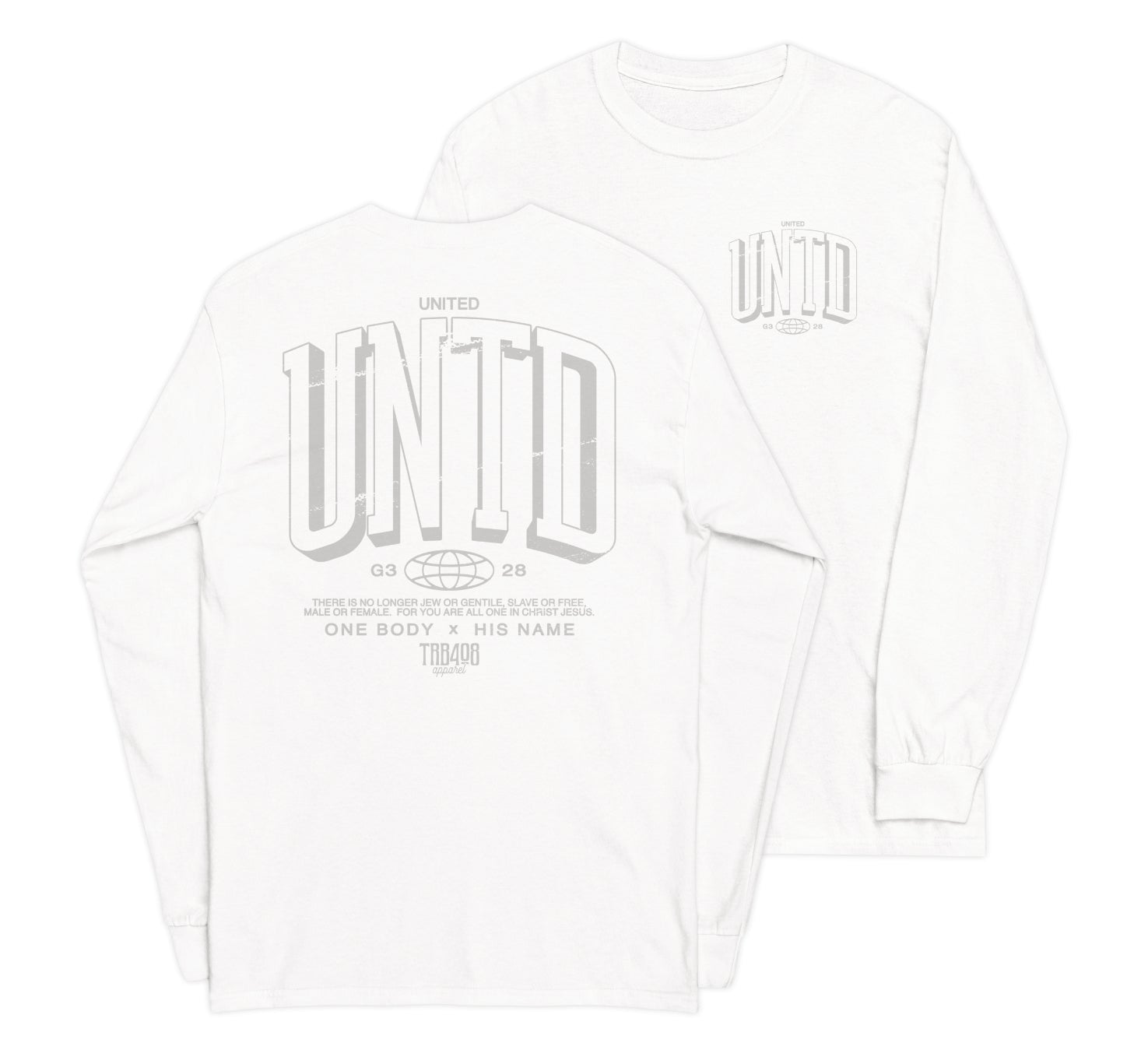 White long sleeve The Tall UNTD Tee, Front and Back, Christian Apparel