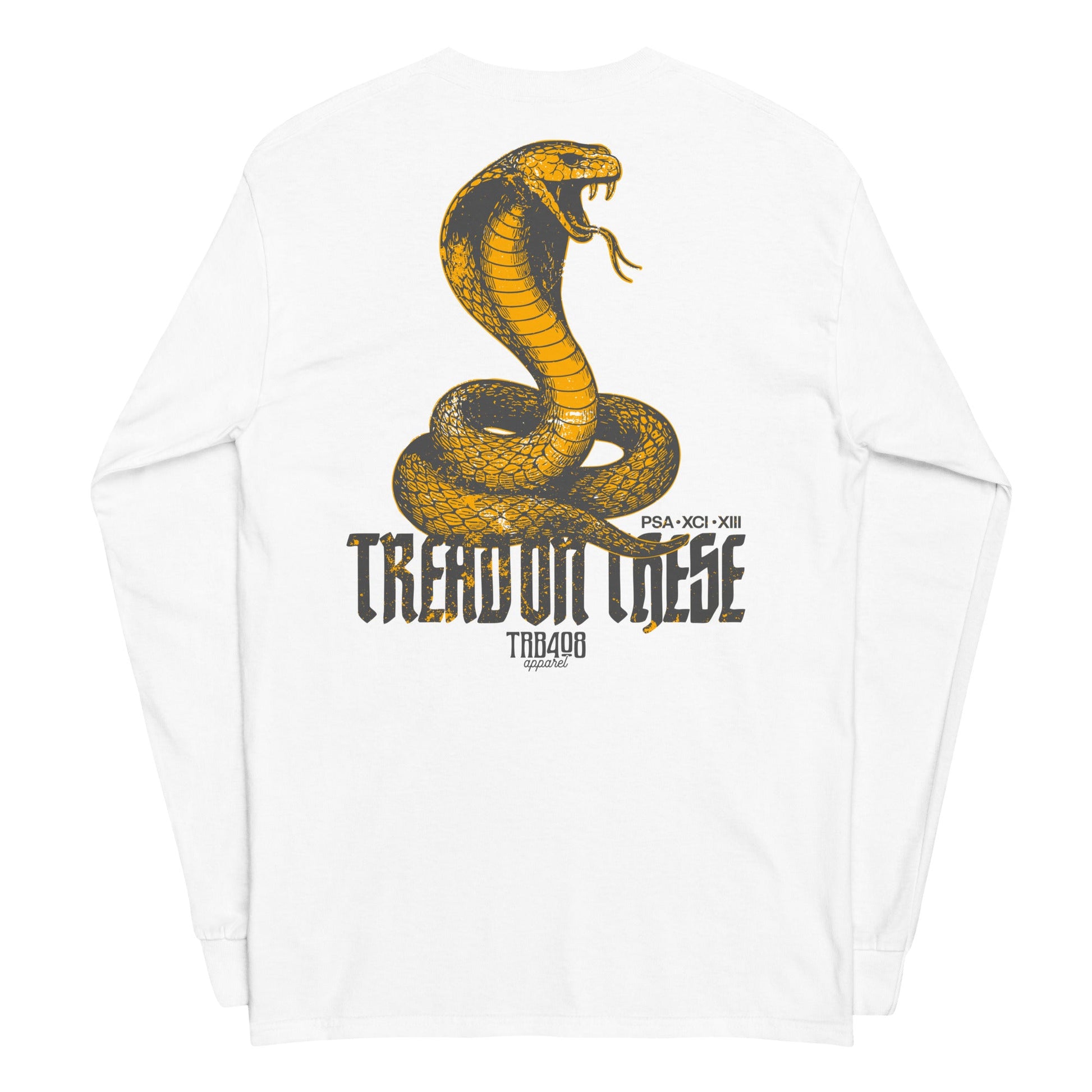 White long sleeve Tread On These (Cobra) Tee, Back, Christian Apparel