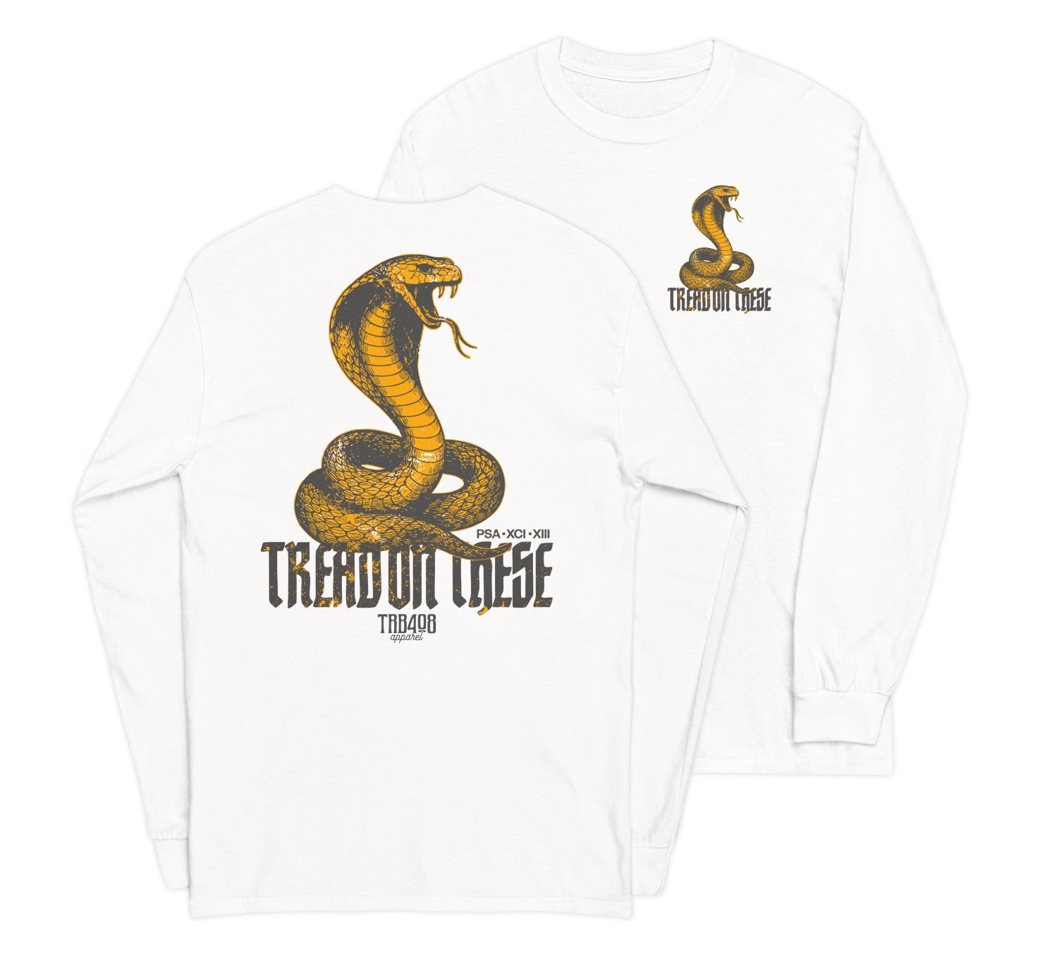 White long sleeve Tread On These (Cobra) Tee, Front and Back, Christian Apparel