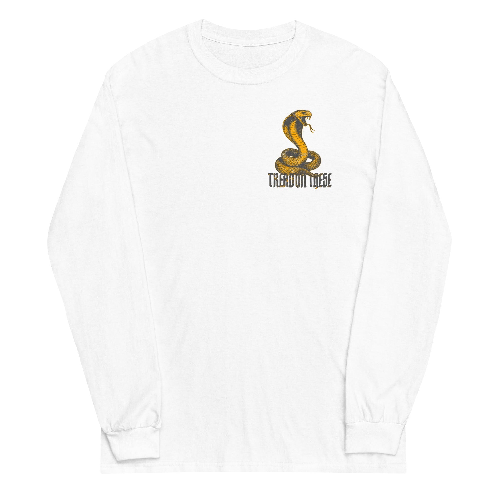 White long sleeve Tread On These (Cobra) Tee, Front, Christian Apparel