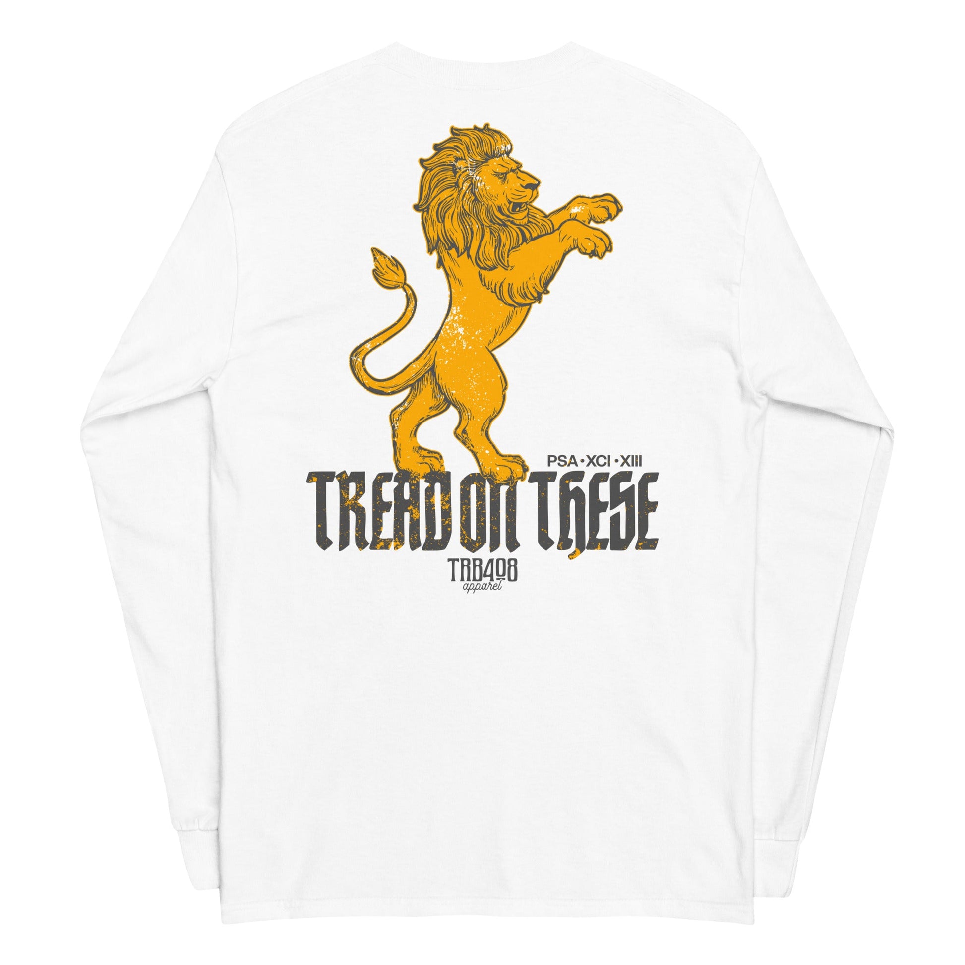 White long sleeve Tread On These (Lion) Tee, Back, Christian Apparel