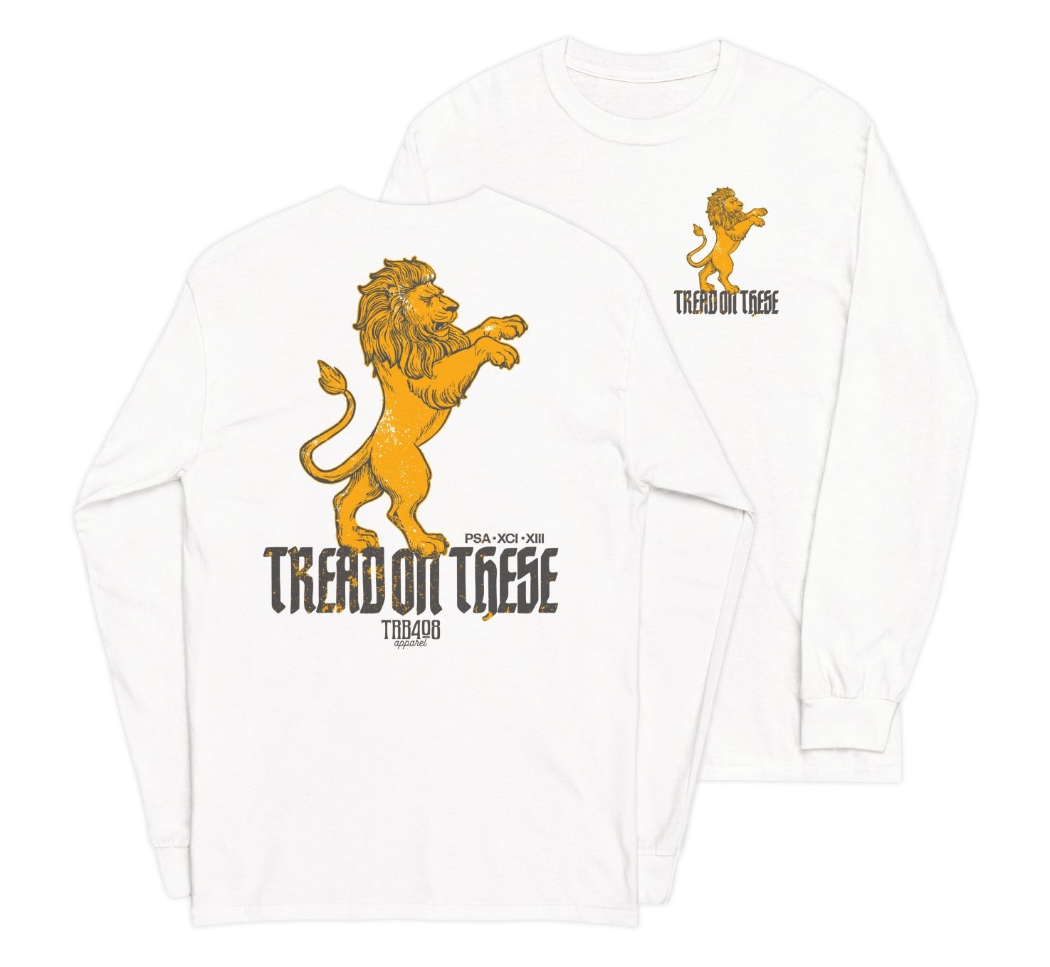 White long sleeve Tread On These (Lion) Tee, Front and Back, Christian Apparel