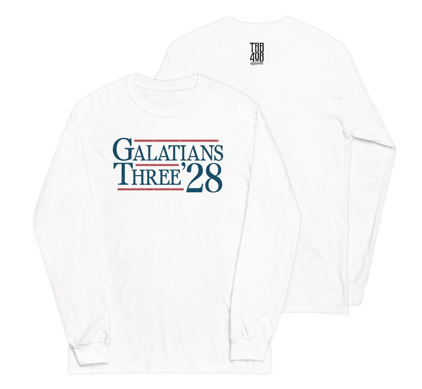 White long sleeve Tribe '28 Tee, Front and Back, Christian Apparel