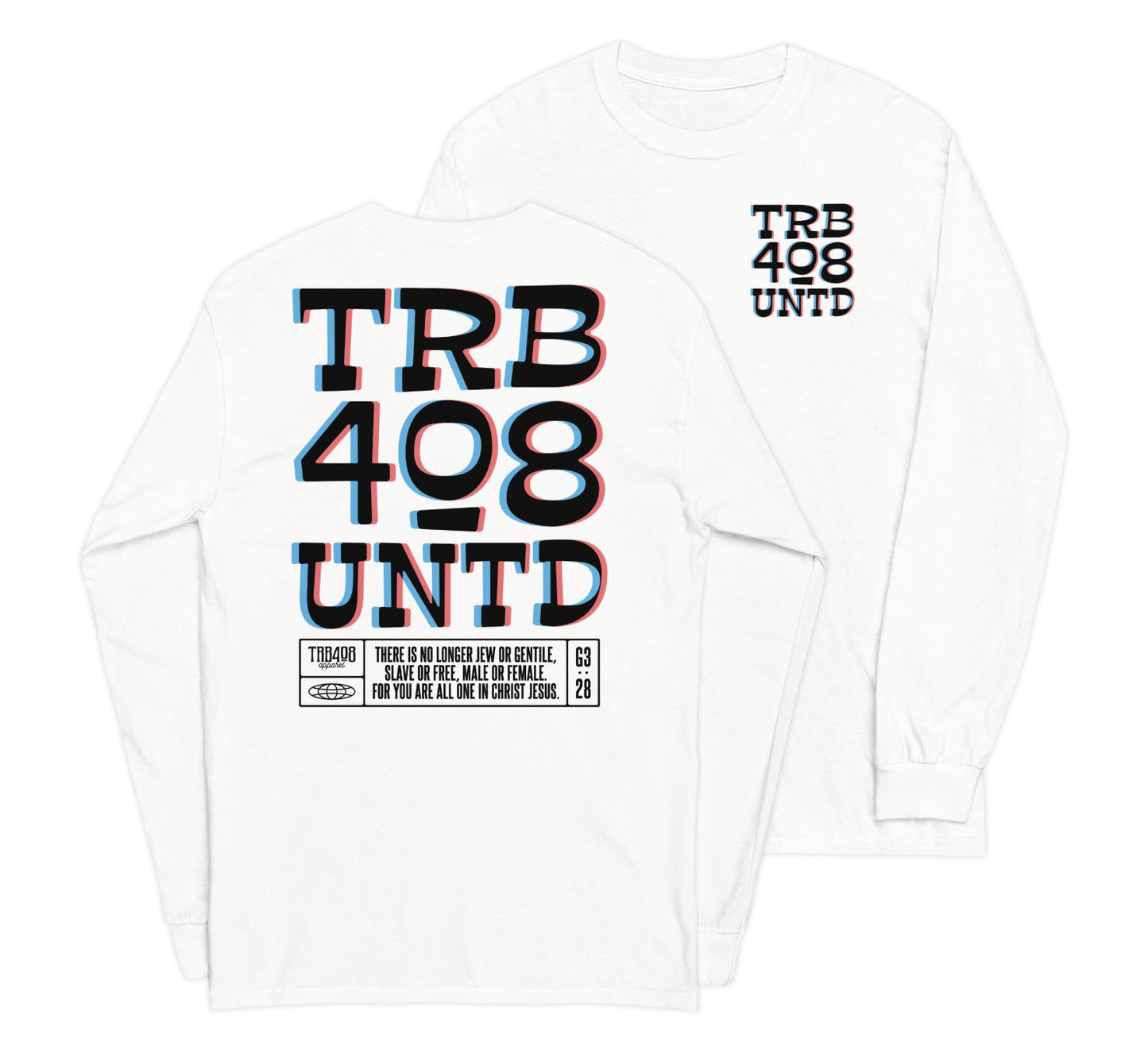 White long sleeve Tribe 3D Tee, Front and Back, Christian Apparel