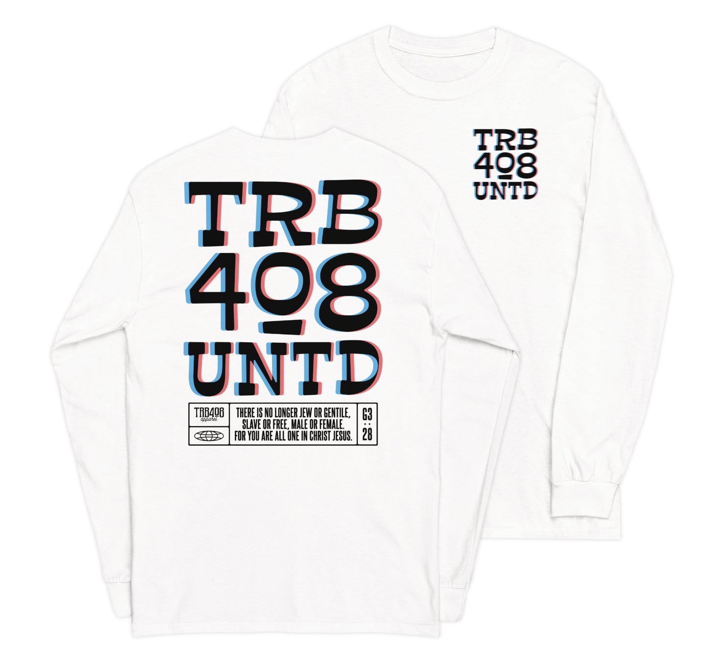 White long sleeve Tribe 3D Tee, Front and Back, Christian Apparel