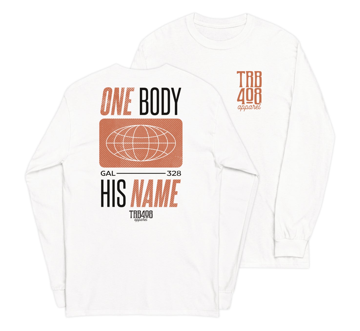 White long sleeve Tribe Globe Tee, Front and Back, Christian Apparel