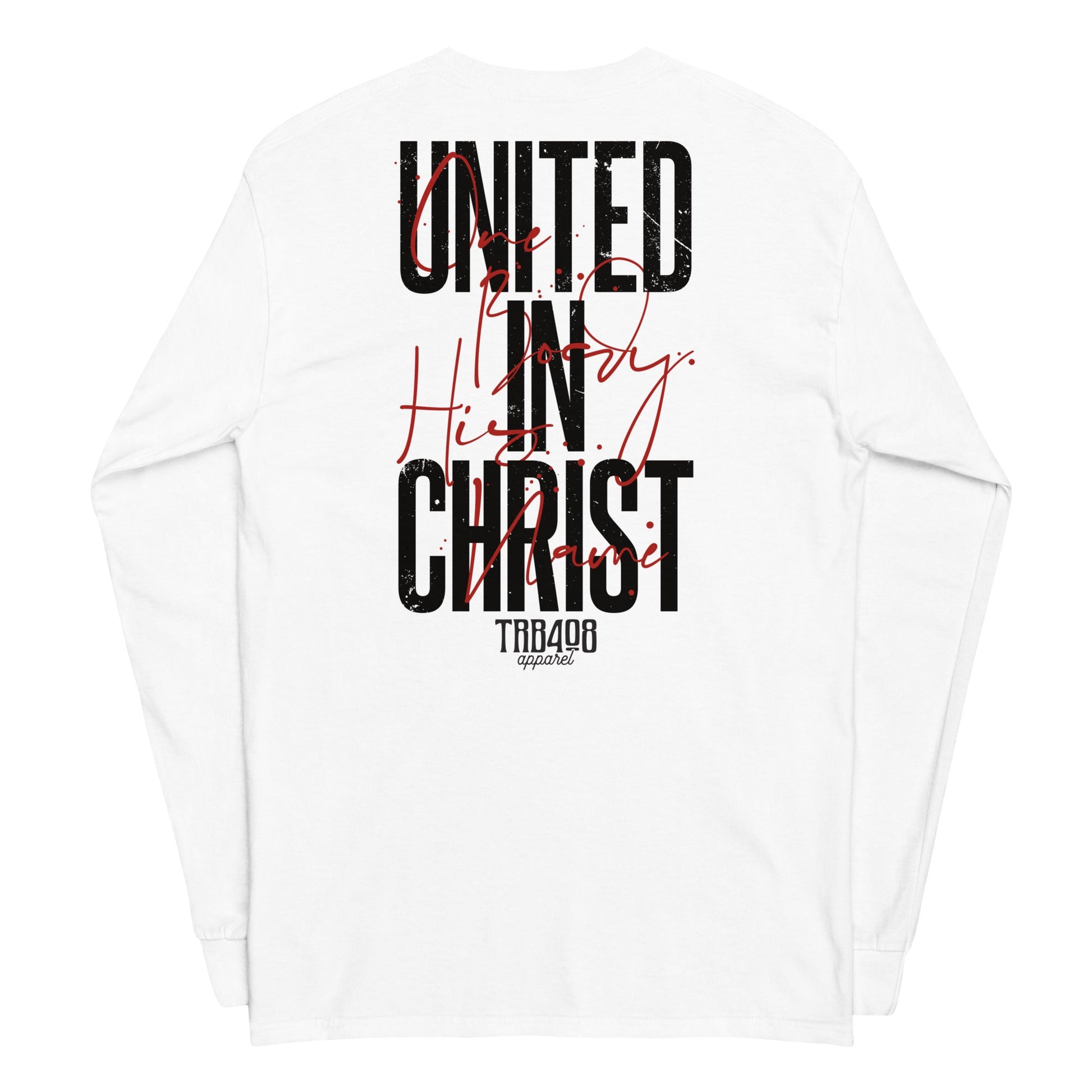 White long sleeve United In Christ Tee,  Back, Christian Apparel