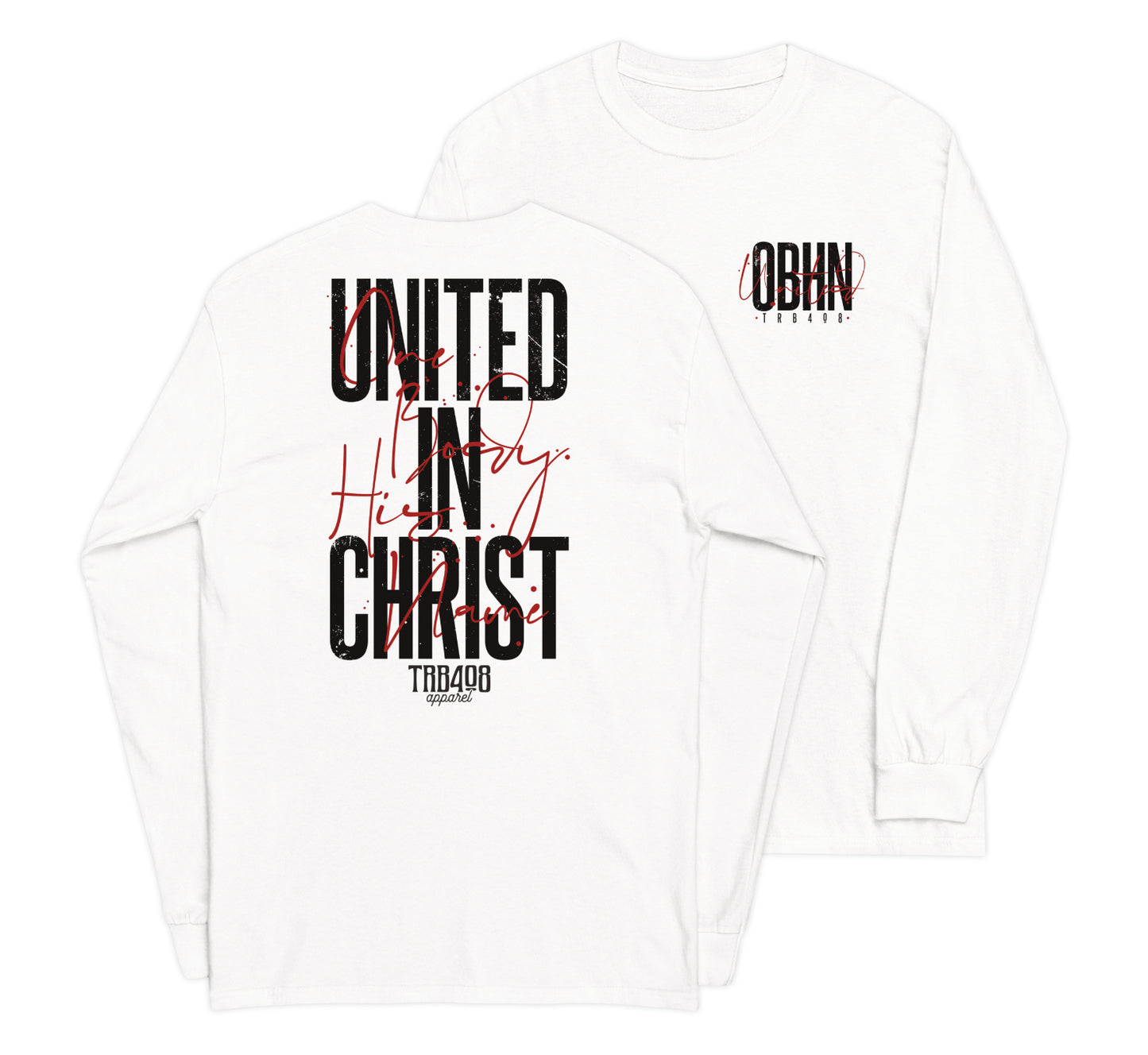 White long sleeve United In Christ Tee, Front and Back, Christian Apparel
