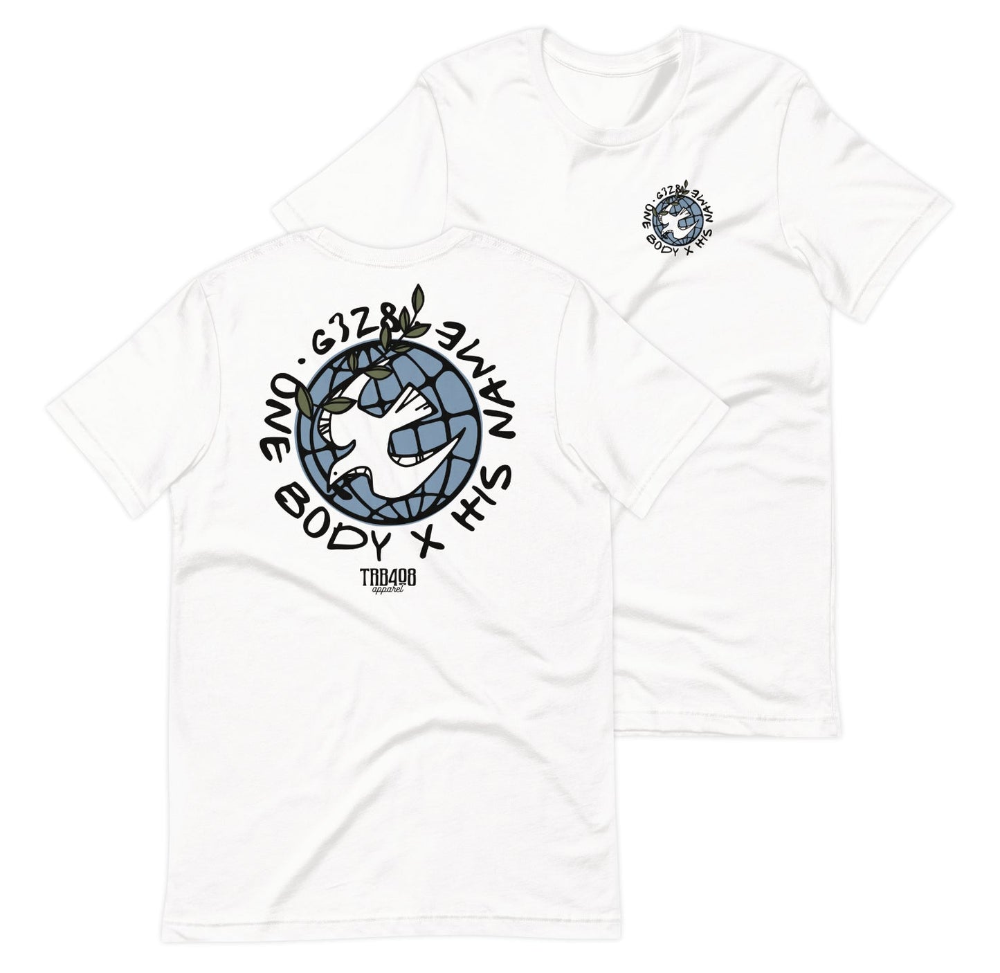 White short sleeve G328 Globe Tee, Front and Back, Christian Apparel