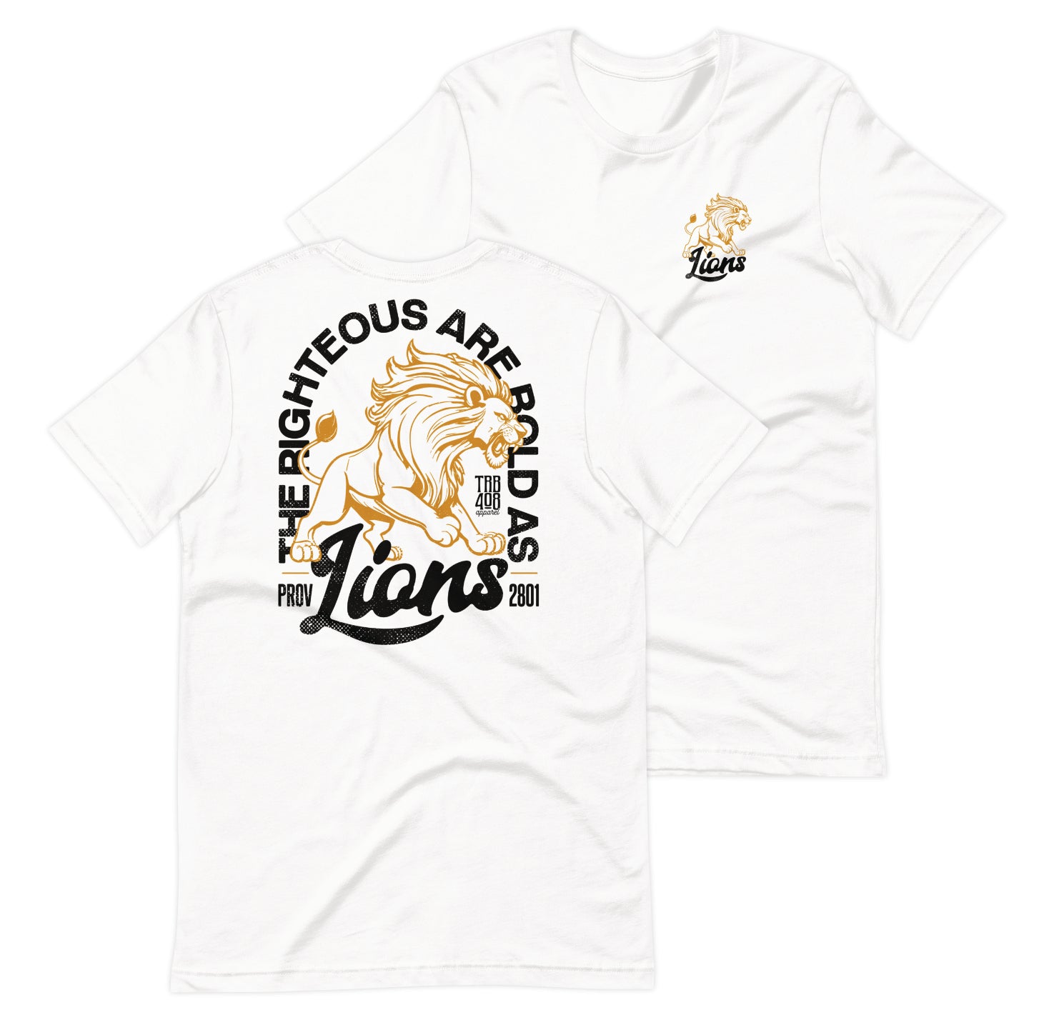 White short sleeve Bold As Lions Tee, Front and Back, Christian Apparel