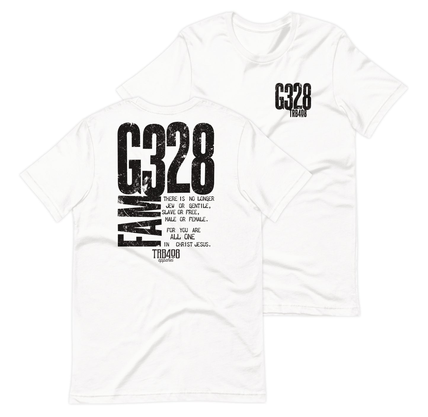 White short sleeve G-Fam Tee, Front and Back, Christian Apparel