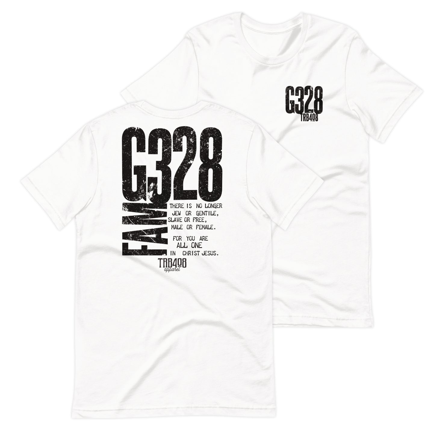 White short sleeve G-Fam Tee, Front and Back, Christian Apparel