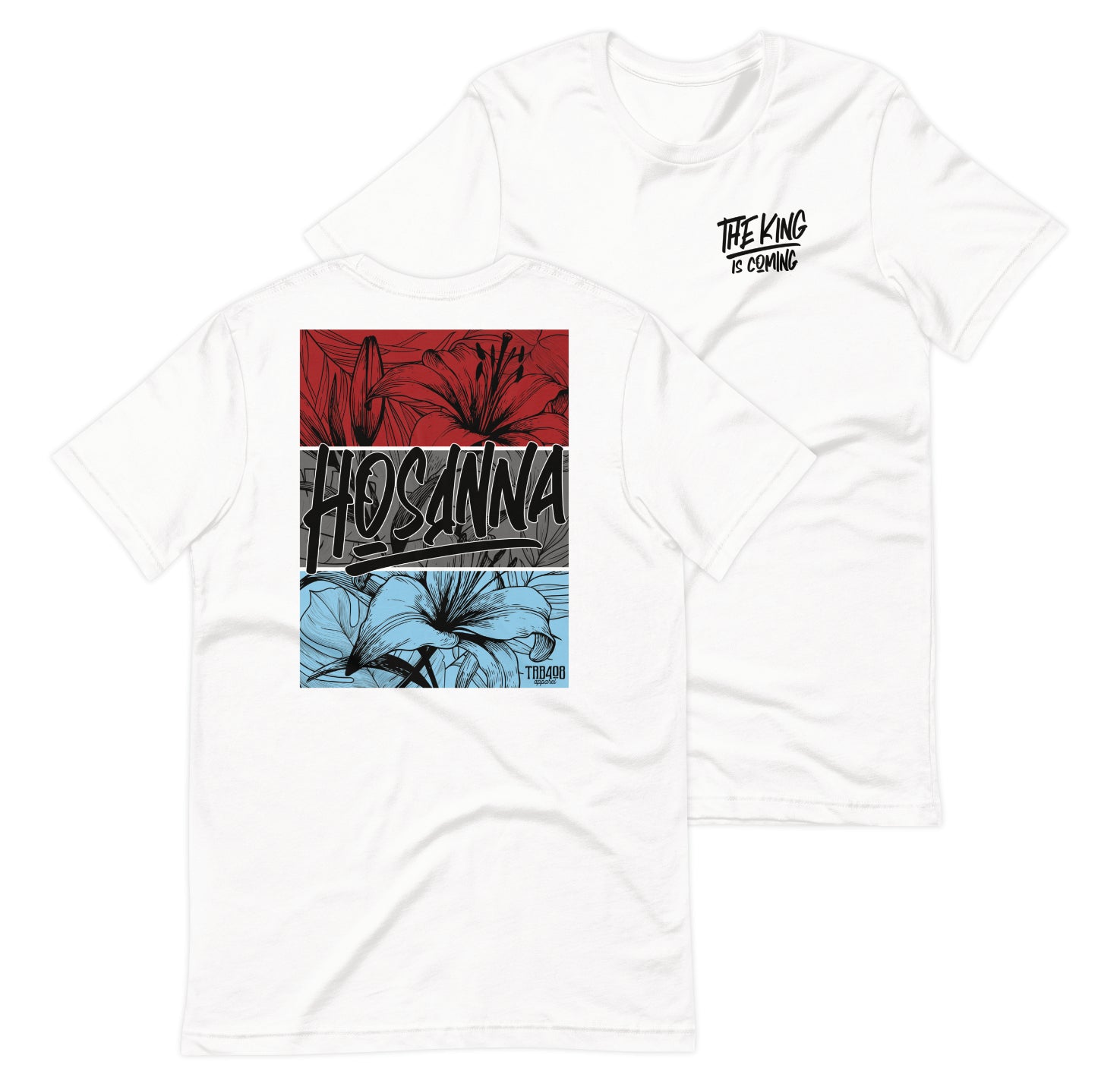 White short sleeve Hosanna Tee, Front and Back, Christian Apparel