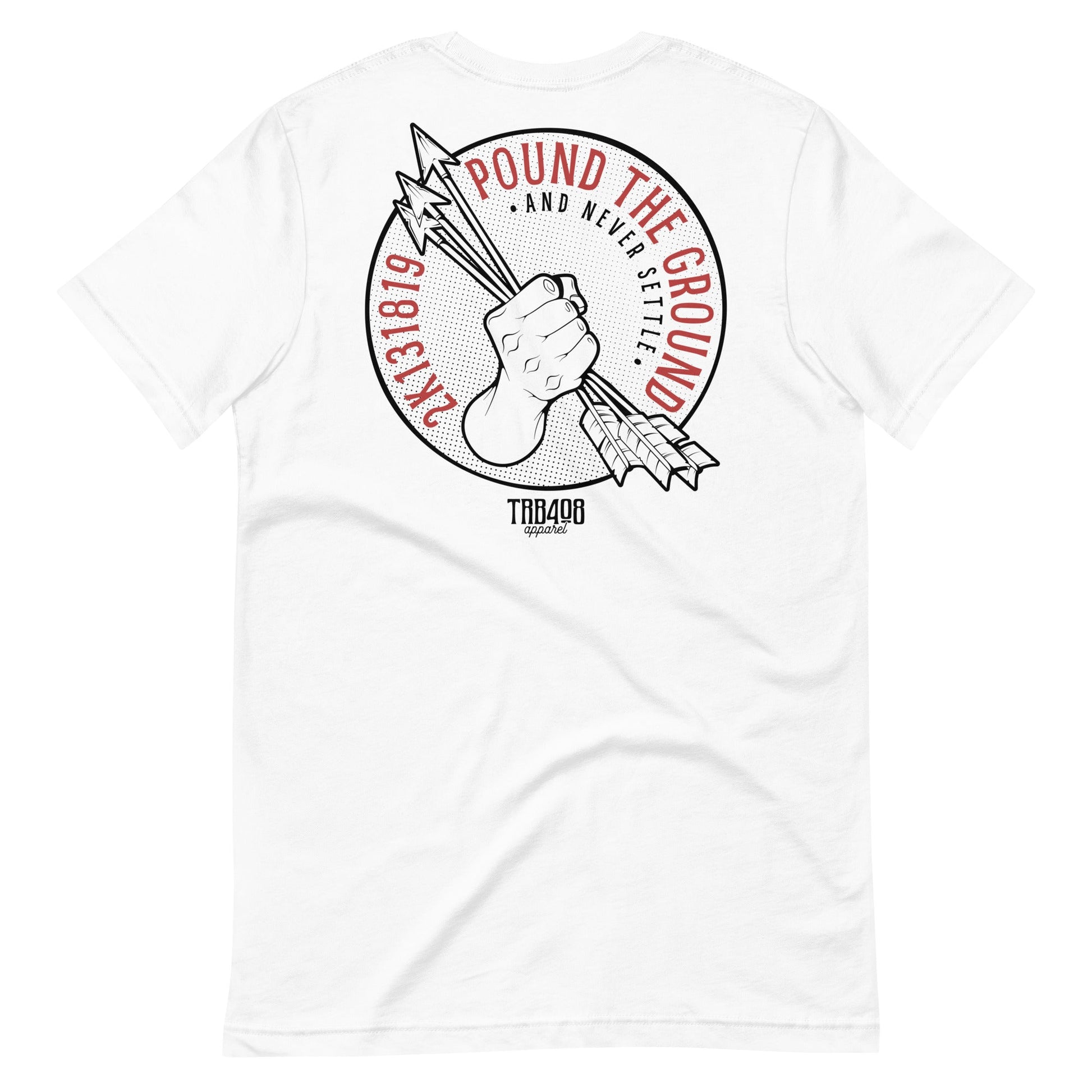 White short sleeve Never Settle Tee, Back, Christian Apparel