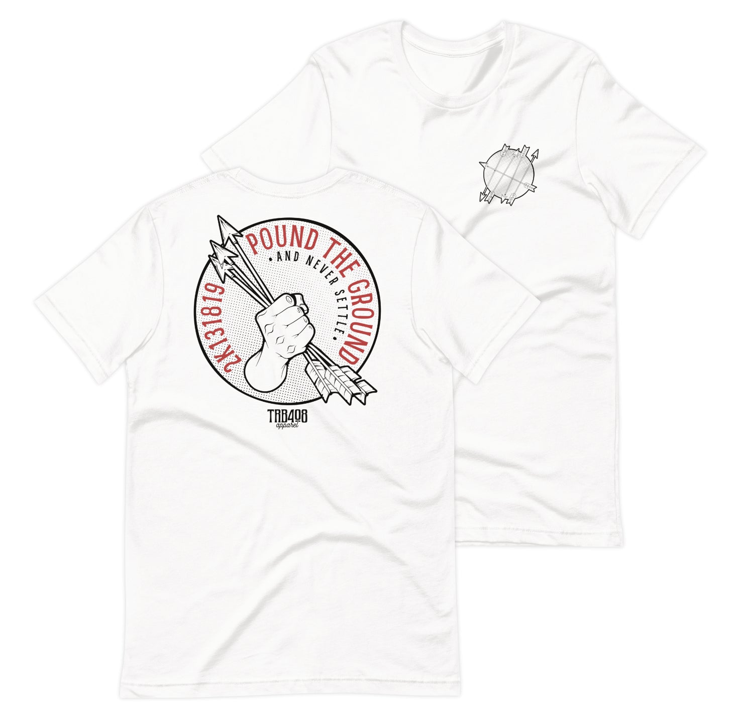 White short sleeve Never Settle Tee, Front and Back, Christian Apparel