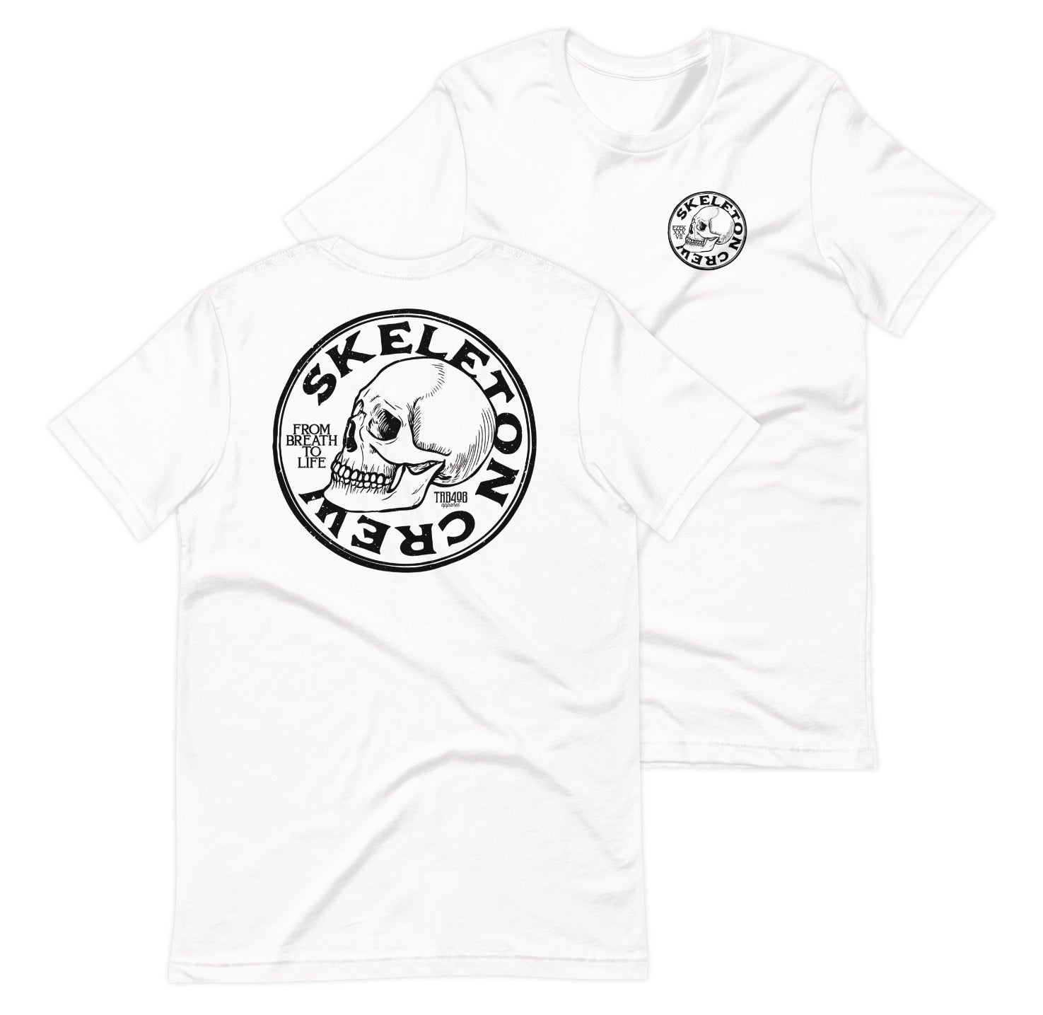 White short sleeve Skeleton Crew Tee, Front and Back, Christian Apparel