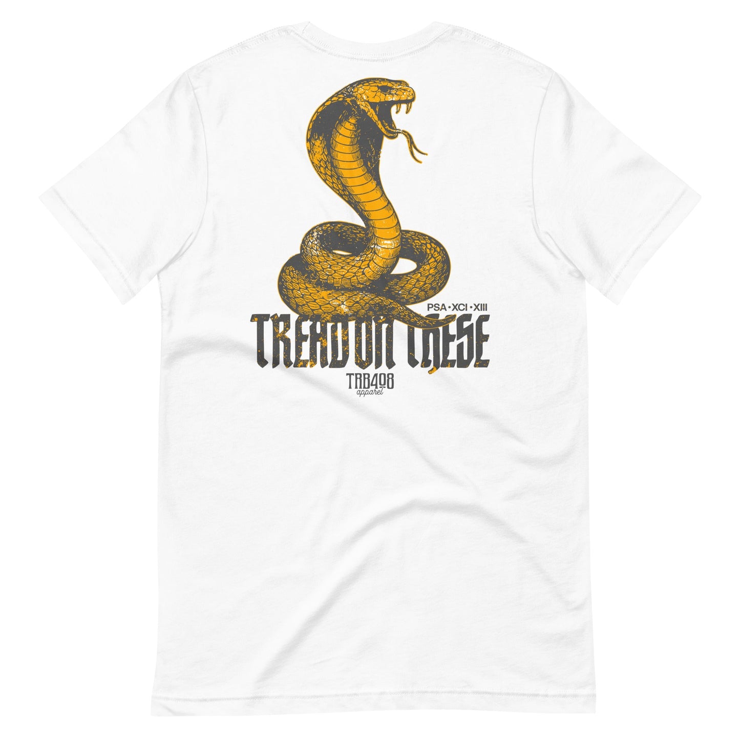 White short sleeve Tread On These (Cobra) Tee, Back, Christian Apparel
