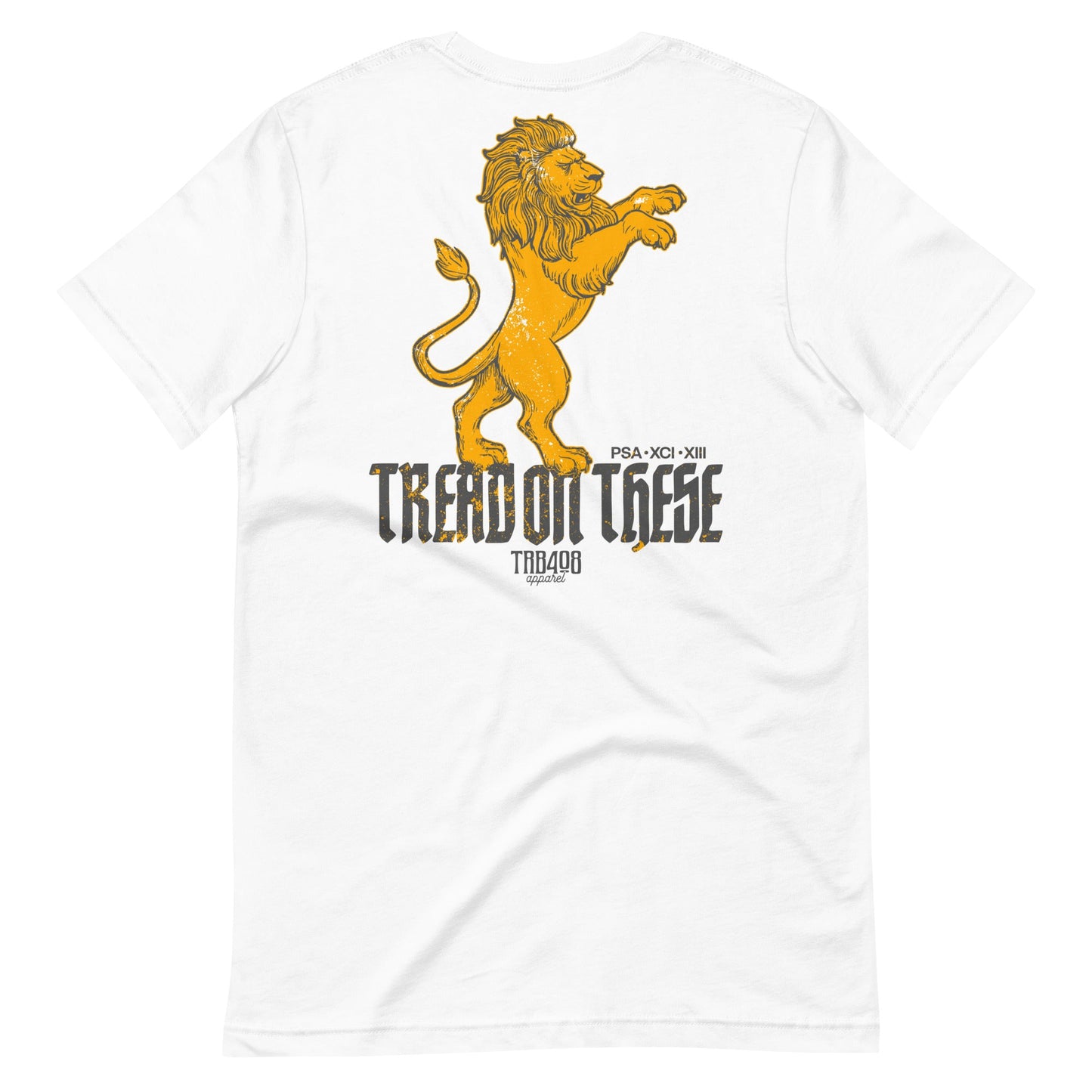 White short sleeve Tread On These (Lion) Tee, Back, Christian Apparel