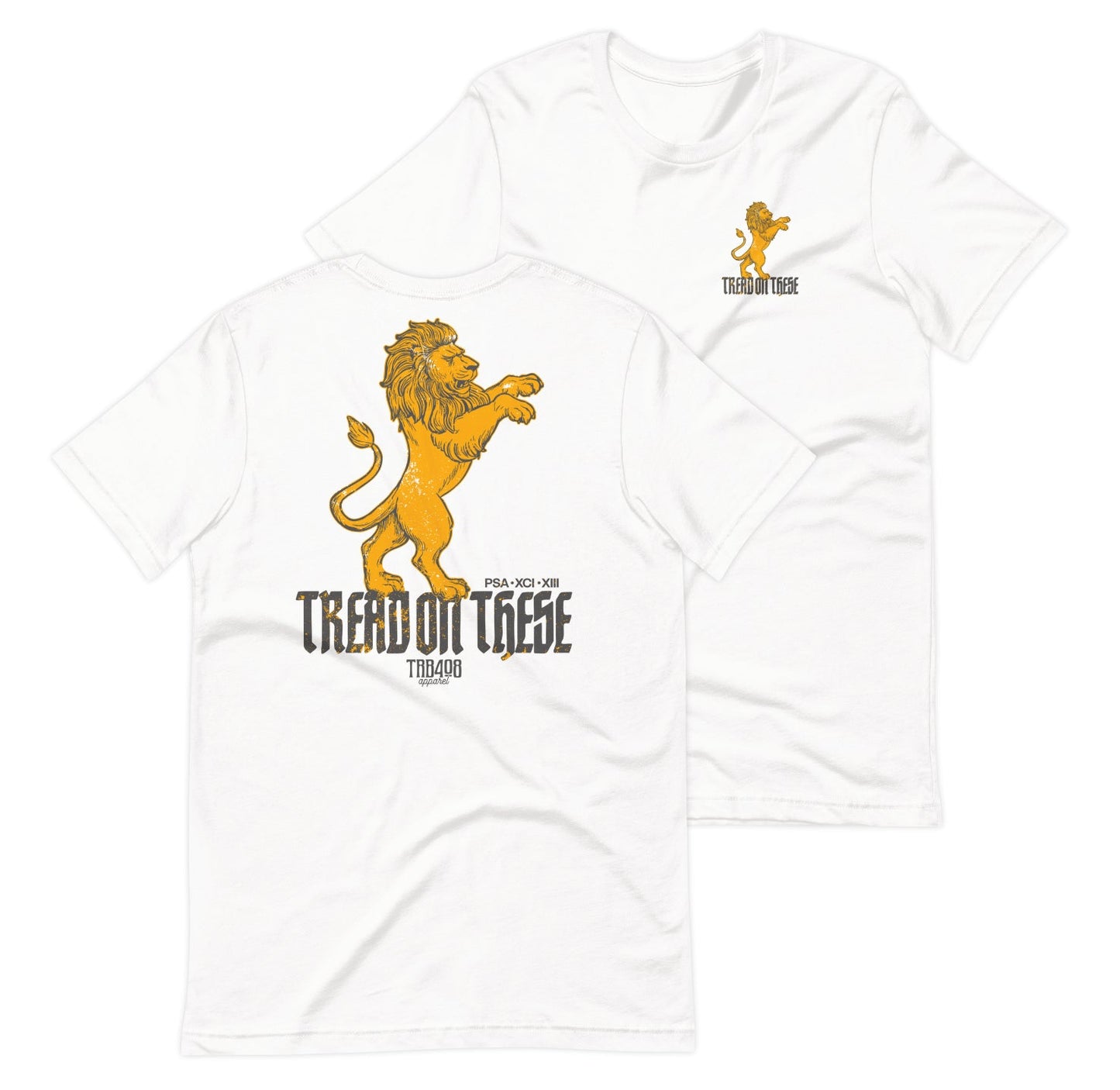 White short sleeve Tread On These (Lion) Tee, Front and Back, Christian Apparel