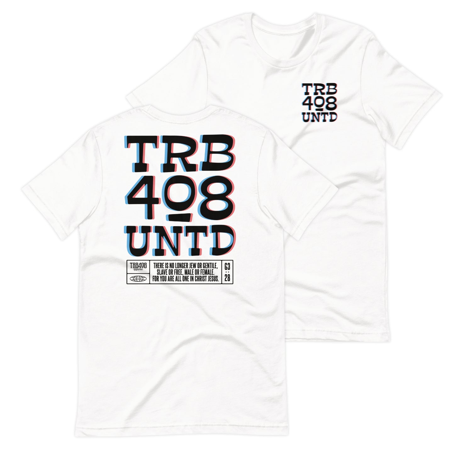 White short sleeve Tribe 3D Tee, Front and Back, Christian Apparel