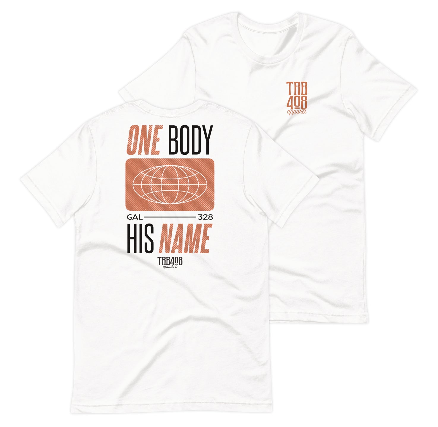 White short sleeve Tribe Globe Tee, Front and Back, Christian Apparel