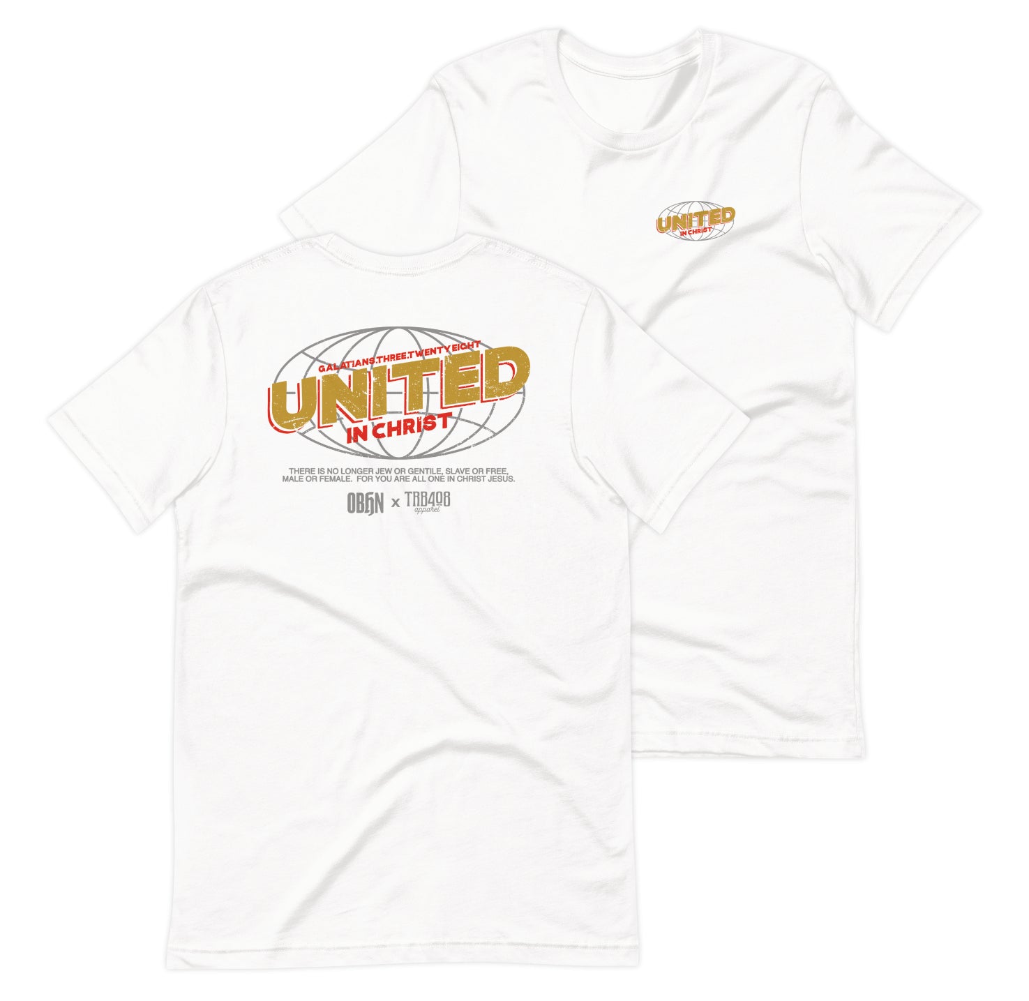 White short sleeve United Globe Tee, Front and Back, Christian Apparel