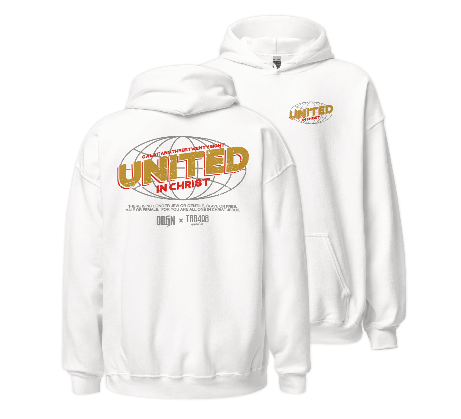 White United Globe Hoodie, Front and Back, Christian Apparel
