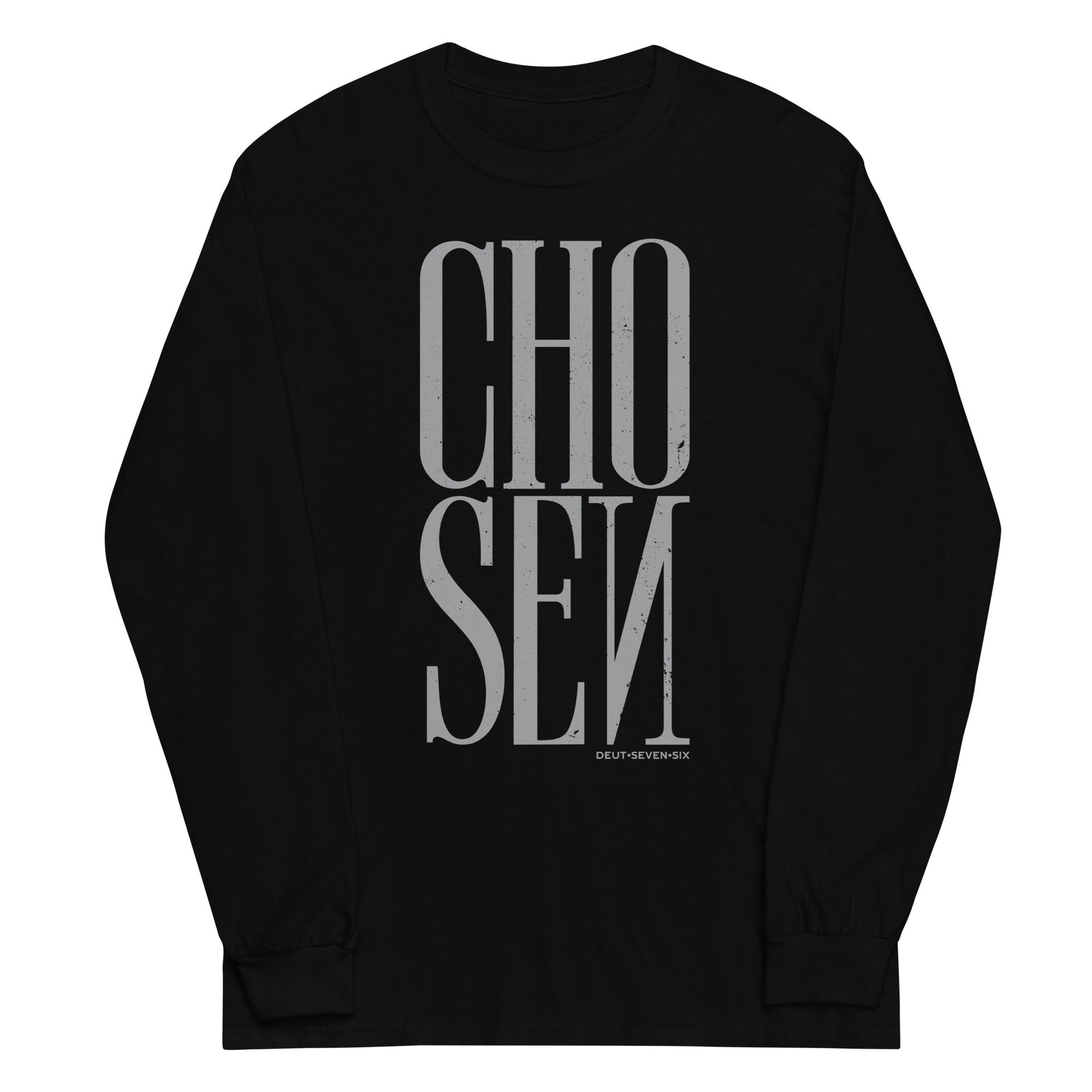 Black long sleeve Chosen Tee, Front, Christian Apparel