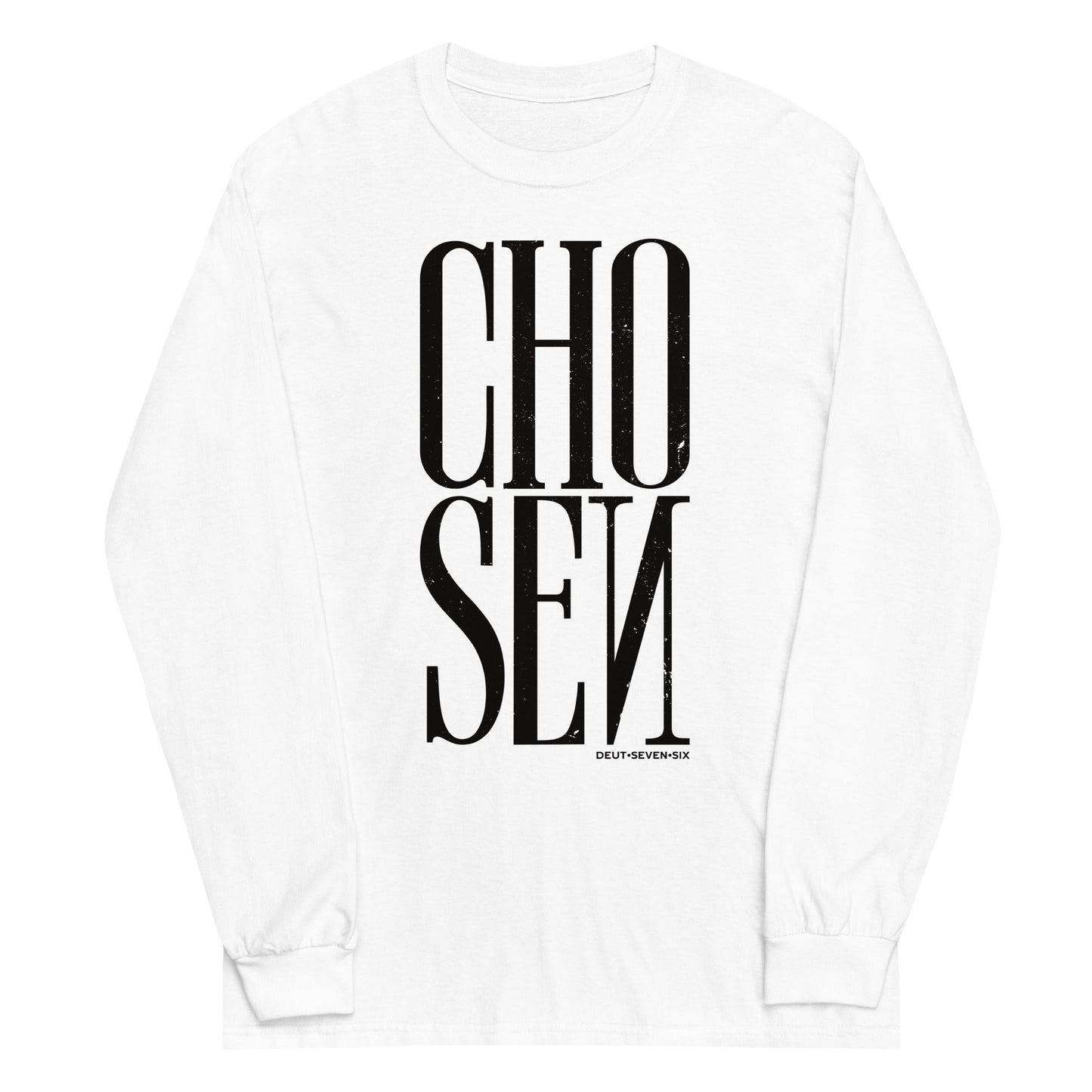 White long sleeve Chosen Tee, Front, Christian Apparel