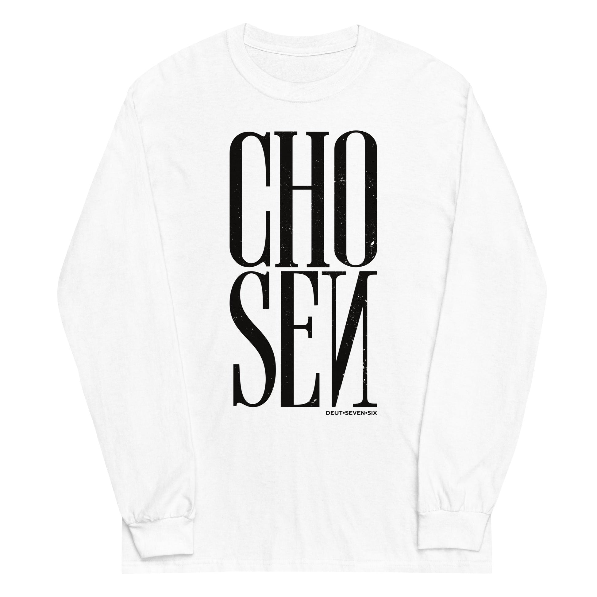 White long sleeve Chosen Tee, Front, Christian Apparel