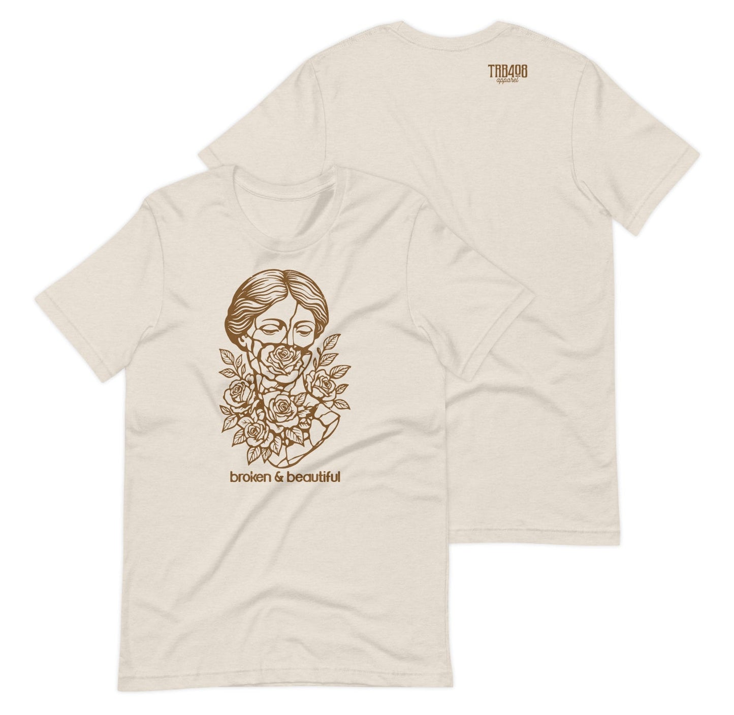 Heather Dust short sleeve Broken & Beautiful Tee, Front and Back, Christian Apparel