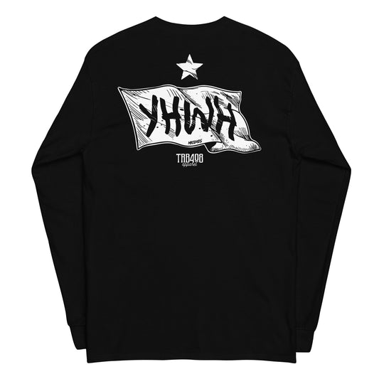 Black long sleeve YHWH Flag Tee, Back, Christian Apparel