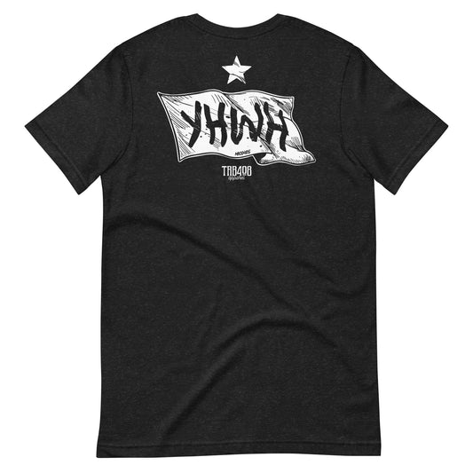 Black short sleeve YHWH Flag Tee, Back, Christian Apparel