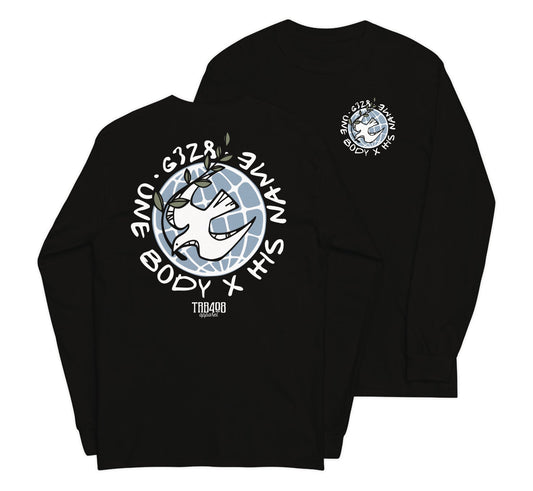 Black long sleeve G328 Globe Tee, Front and Back, Christian Apparel