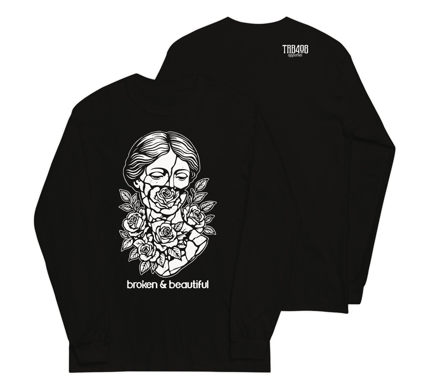 Black long sleeve Broken & Beautiful Tee, Front and Back, Christian Apparel