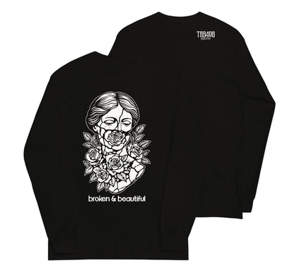 Black long sleeve Broken & Beautiful Tee, Front and Back, Christian Apparel