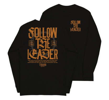 Black long sleeve Follow The Leader Tee, Front and Back, Christian Apparel