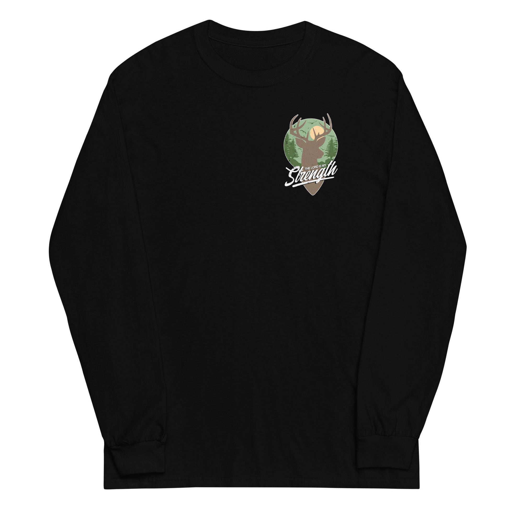 Black long sleeve My Strength Tee, Front, Christian Apparel