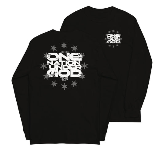Black long sleeve One Nation Star Ring Tee, Front and Back, Christian Apparel