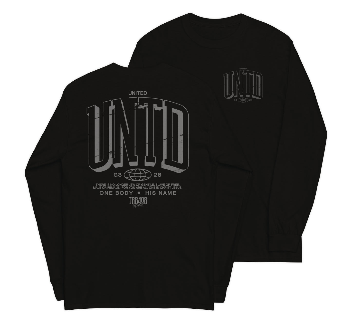 Black long sleeve Tall UNTD Tee, Front and Back, Christian Apparel